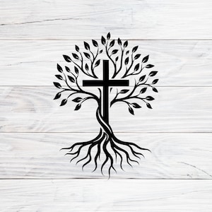 Könnte beinhalten: Schwarzes Lebensbaum-Design mit einem Kreuz in der Mitte. Der Baum hat Blätter und Wurzeln, vor einem weißen Hintergrund mit Holzmaserung. Ein religiöses Symbol für die Inneneinrichtung.