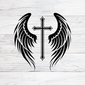 May include: Black graphic of a cross with decorative wings on a white wood grain background. The cross has a detailed design, and the wings are symmetrical, with each feather individually defined. The image is a simple, yet elegant design.