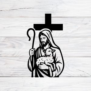 May include: Black and white illustration of a religious figure holding a lamb, with a shepherd's crook and a cross in the background. The image is a graphic design, likely for a religious theme.