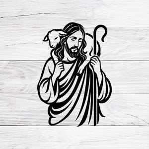 良き羊飼いのSVG、子羊を抱えるイエスのSVG、PNG、DXF、EPS、PDF、子羊