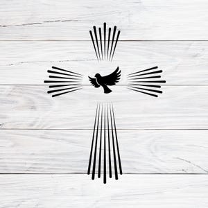 May include: A black silhouette of a dove with outstretched wings flying over a cross with radiating lines. The image is set against a white woodgrain background.