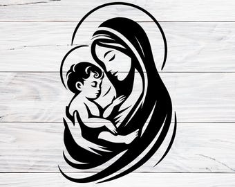 Virgin Mary and Infant Jesus Svg, Divine Motherhood Illustration, Christian Gift for Cricut, Religious Iconography, Etsy Exclusive Png, Jpg