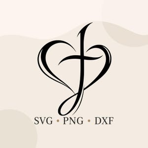 May include: A black graphic design featuring a stylized heart shape intertwined with a cross, forming a singular continuous line art element. Below the graphic, the text SVG, PNG, and DXF is printed in a simple, dark, sans-serif font.