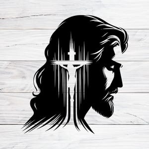 May include: Black and white silhouette of a person's head with a cross and a figure on the cross inside the head.