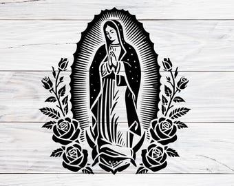 Our Lady of Guadalupe Svg, Virgin Mary in Prayer Surrounded by Roses, Christian Iconography, Blessed Mother Design Svg, Png, Jpg