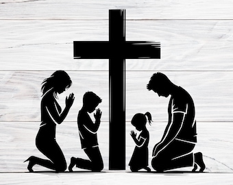 Family in Prayer Svg, United in Faith, Cross Family Silhouette Design, Christian Family Svg, Png, Jpg
