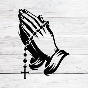 Peut inclure: Illustration en noir et blanc de deux mains jointes en prière avec un chapelet suspendu au poignet. Le chapelet a une croix à son extrémité.