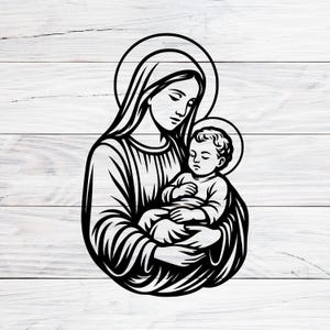 聖母マリアが幼子イエスと遊んでいるSVG、PNG、DXF、聖母マリアが幼子