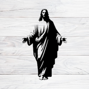 May include: Black and white silhouette of Jesus Christ with his arms outstretched, standing against a white woodgrain background.