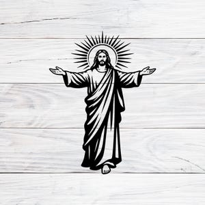 May include: Black and white illustration of a figure with outstretched arms, surrounded by a radiant halo. The figure is depicted in flowing robes, with a serene expression. The image is set against a white wooden background.