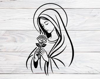 Virgin Mary with Rose Svg, Png, Eps, Madonna Religious Clipart, Catholic Saint Line Art, Christian Spiritual Art for Cricut Laser Engraving