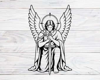 Archangel Michael Svg, Png, Dxf, Angel Warrior with Sword Wings Cut Files, Christian Angel Vector, Guardian Angel Tattoo Design for Cricut