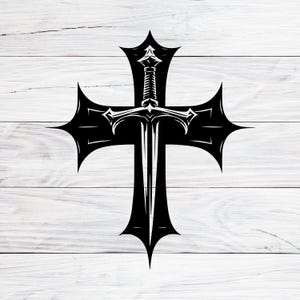 Puede incluir: Una espada negra con una empuñadura en forma de cruz. La espada está en un estilo afilado y detallado.