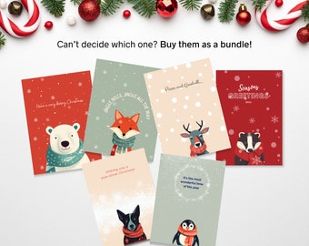 Digital Printable Christmas Card Bundle, Folk Art design Christmas Cards, Forest Animal Colorful Digital Download