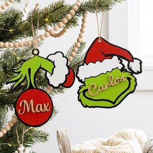 Grinch Laser Cut Pack – Face + Hand Holding Ornament | Layered Christmas Files (Digital)