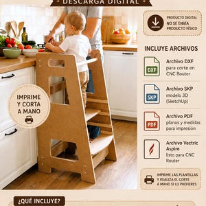 May include: A digital download listing for a wooden learning tower project. The image displays a light brown wooden step stool for children, with text in Spanish including 'TORRE DE APRENDIZAJE', 'DESCARGA DIGITAL', and 'INCLUYE ARCHIVOS' listing DXF, SKP, PDF, and Vectric Aspire file formats.