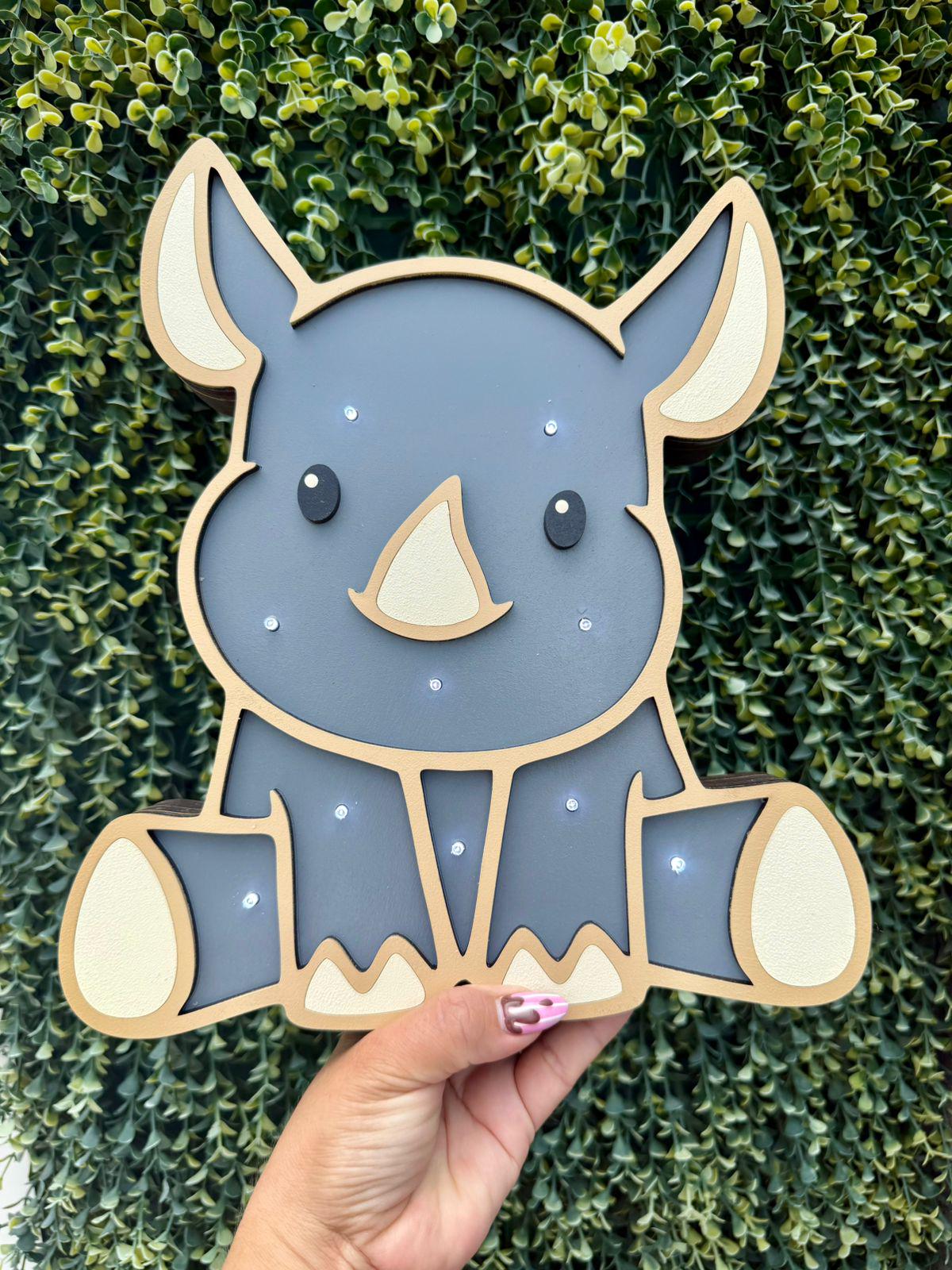 Children's night light, 10 LEDs, SVG format, multi-layered. Laser-cut Rhino design, ideal as a decoration or baby shower gift.