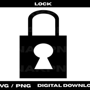 May include: A black and white graphic of a padlock. The word "LOCK" is at the top. The padlock has a keyhole shape in the center. Below the padlock are the words "SVG / PNG DIGITAL DOWNLOAD".