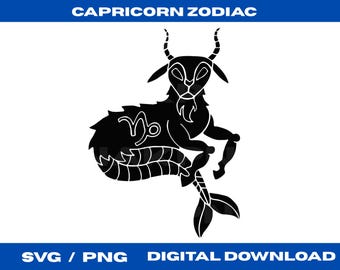 May include: A black Capricorn zodiac design featuring a goat with a fish tail. The image includes the Capricorn symbol and the text "CAPRICORN ZODIAC" at the top. The bottom of the image includes the text "SVG / PNG DIGITAL DOWNLOAD".