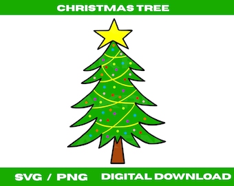May include: A cartoon Christmas tree illustration with a yellow star on top. The green tree is decorated with colorful ornaments and yellow string lights. The words "CHRISTMAS TREE" are at the top, and "SVG / PNG DIGITAL DOWNLOAD" are at the bottom.