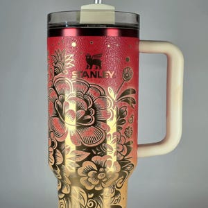 Flor de Sol Sunset Ombre Engraved Stanley Tumbler  |  Custom Floral Laser Engraved Cup | 40oz Quencher  |  Red Gold Gradient