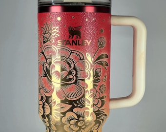 Flor de Sol Sunset Ombre Engraved Stanley Tumbler  |  Custom Floral Laser Engraved Cup | 40oz Quencher  |  Red Gold Gradient