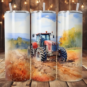 Watercolor Farm Tractor Tumbler Wrap, 20oz Straight Skinny Tumbler Wrap, Old Tractor Skinny Tumbler Wrap, PNG Digital Download