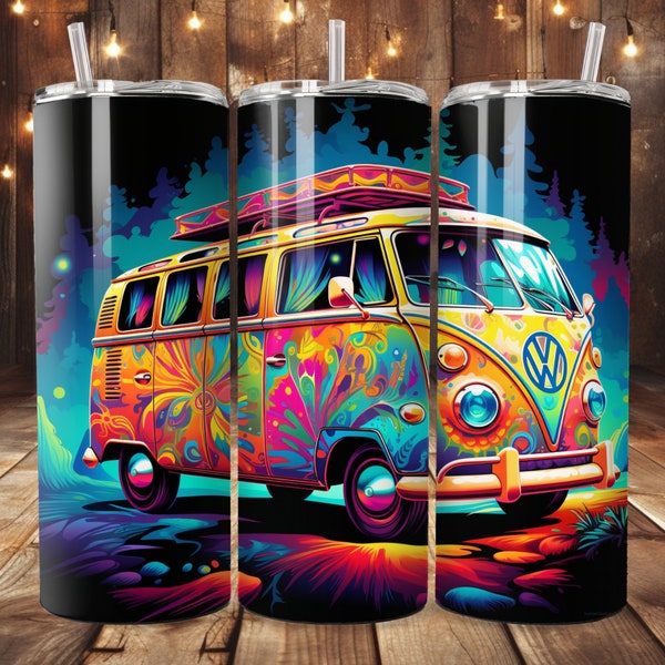 Colorful VW 60's Van Tumbler Wrap,  VW Hippie Van Skinny Tumbler Wrap,  20oz Straight Skinny Tumbler Wrap, PNG Digital Download