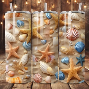 3D Seashells and Starfish Tumbler Wrap,  20oz Straight Skinny Tumbler Wrap, Seamless Pattern Tumbler, PNG Digital Download