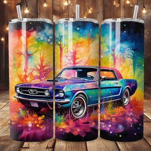 Whimsical Ford Mustang Tumbler Wrap,  Old Mustang Skinny Tumbler Wrap,  20oz Straight Skinny Tumbler Wrap, PNG Digital Download