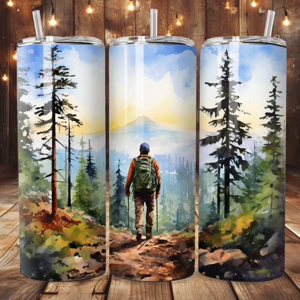 Watercolor Hiker Tumbler Wrap, 20oz Straight Skinny Tumbler Wrap, Mountain Hiker PNG Digital Download