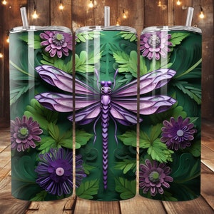 3D Dragon Fly in Purple and Green Tumbler Wrap, 20oz Straight Skinny Tumbler Wrap,  Insect Tumbler Wrap, PNG Digital Download