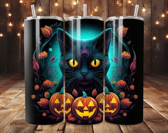 Black Cat Halloween Tumbler Wrap, Spooky Pumpkins Design (PNG Digital Download)