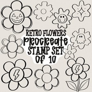 Puede incluir: Una colección digital de diez ilustraciones de flores en blanco y negro con varios centros, incluyendo una cara de calabaza, una cara sonriente, un fantasma y un rayo, con el texto RETRO FLOWERS PROCREATE STAMP SET OF 10.