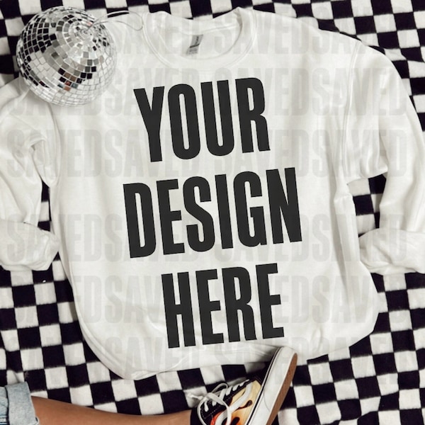 White GILDAN sweatshirt Mock Up Trendy Flat Lay Mocks Edgy Flame Disco Checkered