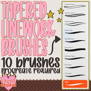 May include: A digital set of 10 tapered linework brushes for Procreate. The image features the text TAPERED LINEWORK BRUSHES 10 brushes PROCREATE REQUIRED and a list of brush styles including Outlined Taper, Rough Taper, and Oval Taper.