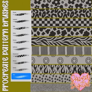Könnte beinhalten: Ein digitales Set von Procreate-Musterpinseln mit schwarz-grauen Designs, darunter Blumen, Leopardenmuster, Kuhflecken, Zebrastreifen, Flammen, Halbtöne, Karos, vertikale Streifen, lächelnde Gesichter und Sterne in einem vertikalen Menü.