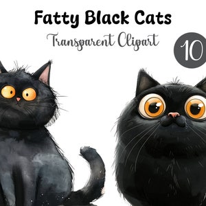 10 Watercolor Fatty Black Cats Clipart, Printable Cartoon Cats Watercolor clipart, Digital download, High Quality PNG