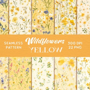 Motivo senza soluzione di continuità con fiori selvatici gialli, delicato motivo con fiori gialli, carta floreale, motivo con fiori gialli acquerellati, carta gialla e bianca