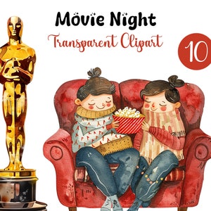 10 Watercolor Movie Night Bundle Clipart, Cinema Illustrations, Movie Theater Clipart, Digital download, High Quality PNG, Stickers, Cards