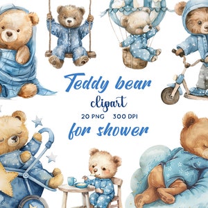 Watercolor Teddy Bear, Baby Shower Set for Boy, Blue Decor Kids Clipart, Blue Teddy Bear Set, Transparent Background