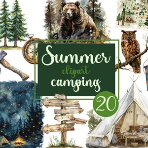 Watercolor Summer Camping Clipart, PNG, Forest Hiking, Travel Vacation, In The Woods, Summer Adventure, Digital Stickers, Scrapbooking