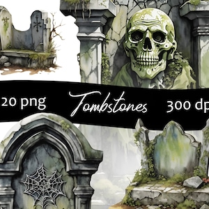 20 spookachtige Halloween-grafstenen clipartpakket, grafsteen PNG Halloween-clipart, digitaal printen, commercieel gebruik