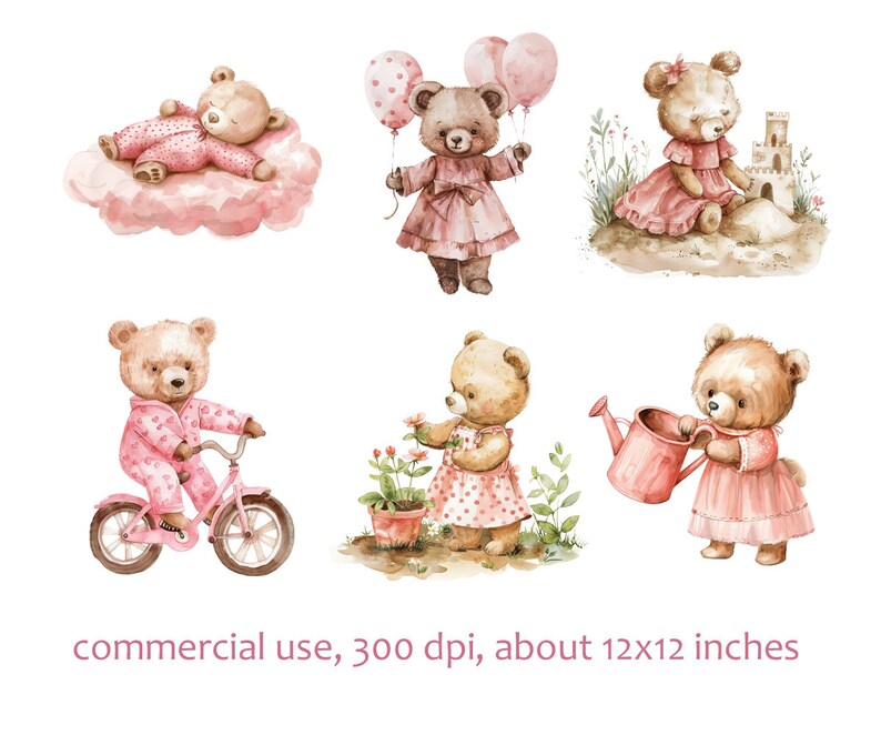 Sweet Baby Girl Teddy Bear Clipart Bundle - Watercolor Baby Shower ...