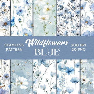 Modello senza cuciture di fiori di campo blu, delicato motivo floreale blu, carta digitale floreale, motivo fiori blu acquerello, carta blu e bianca