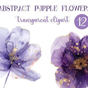 12 akwarelowych abstrakcyjnych fioletowych kwiatów clipart - ręcznie malowana sztuka kwiatowa, pobieranie cyfrowe, artystyczna grafika kwiatów do scrapbookingu