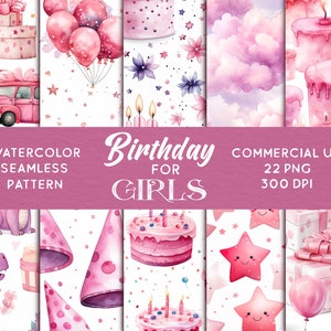 Girl Birthday Seamless Pattern: Watercolor Pink Party (Digital Pattern)