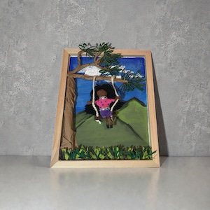 3D Wooden Shadow Box Wall Art: Girl on Swing; Assemblage Hanging of Girl; Textured