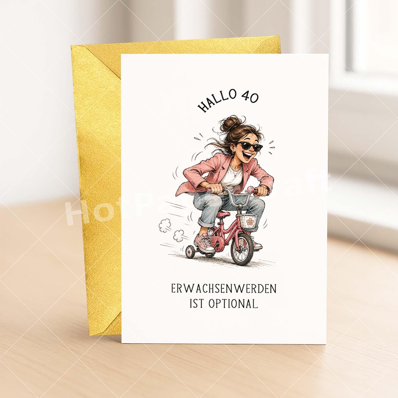 May include: A greeting card with a cartoon illustration of a woman riding a pink tricycle. The text "Hallo 40" and "Erwachsenwerden ist optional" are above and below the illustration. A gold envelope is behind the card.