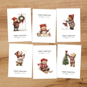 Conjunto de 6 cartões de Natal • Aventuras de inverno do urso da floresta • Natal aconchegante • Aquarela • Feliz Ano Novo • Férias de inverno • Boho | С52